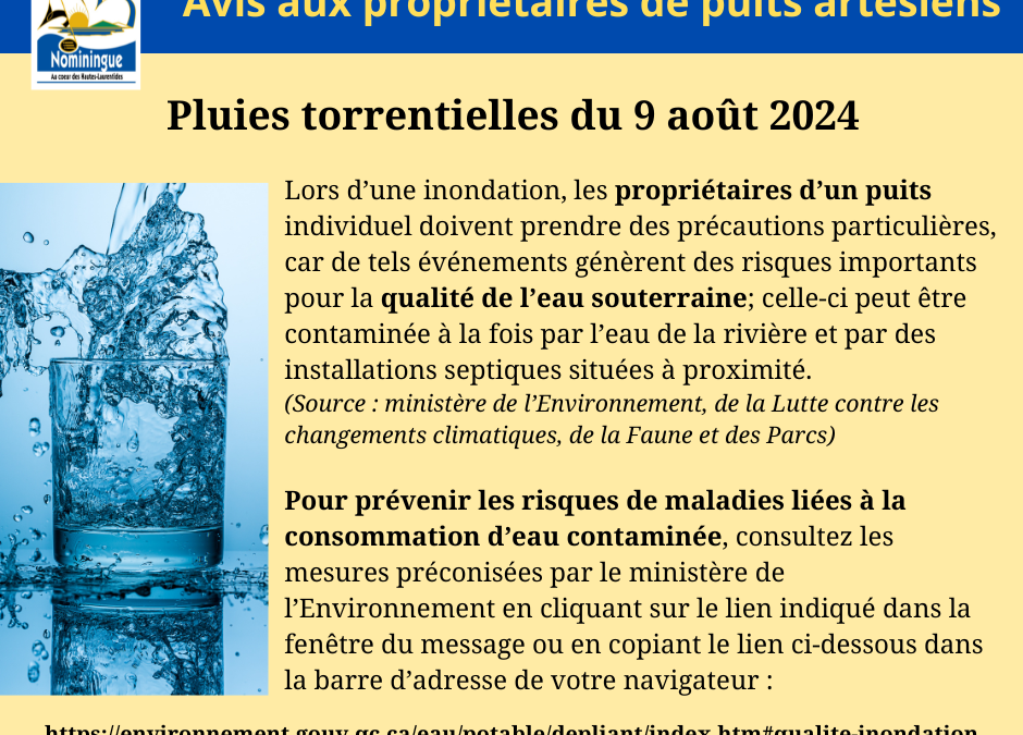 Avis aux propriétaires de puits de surface et de puits artésiens